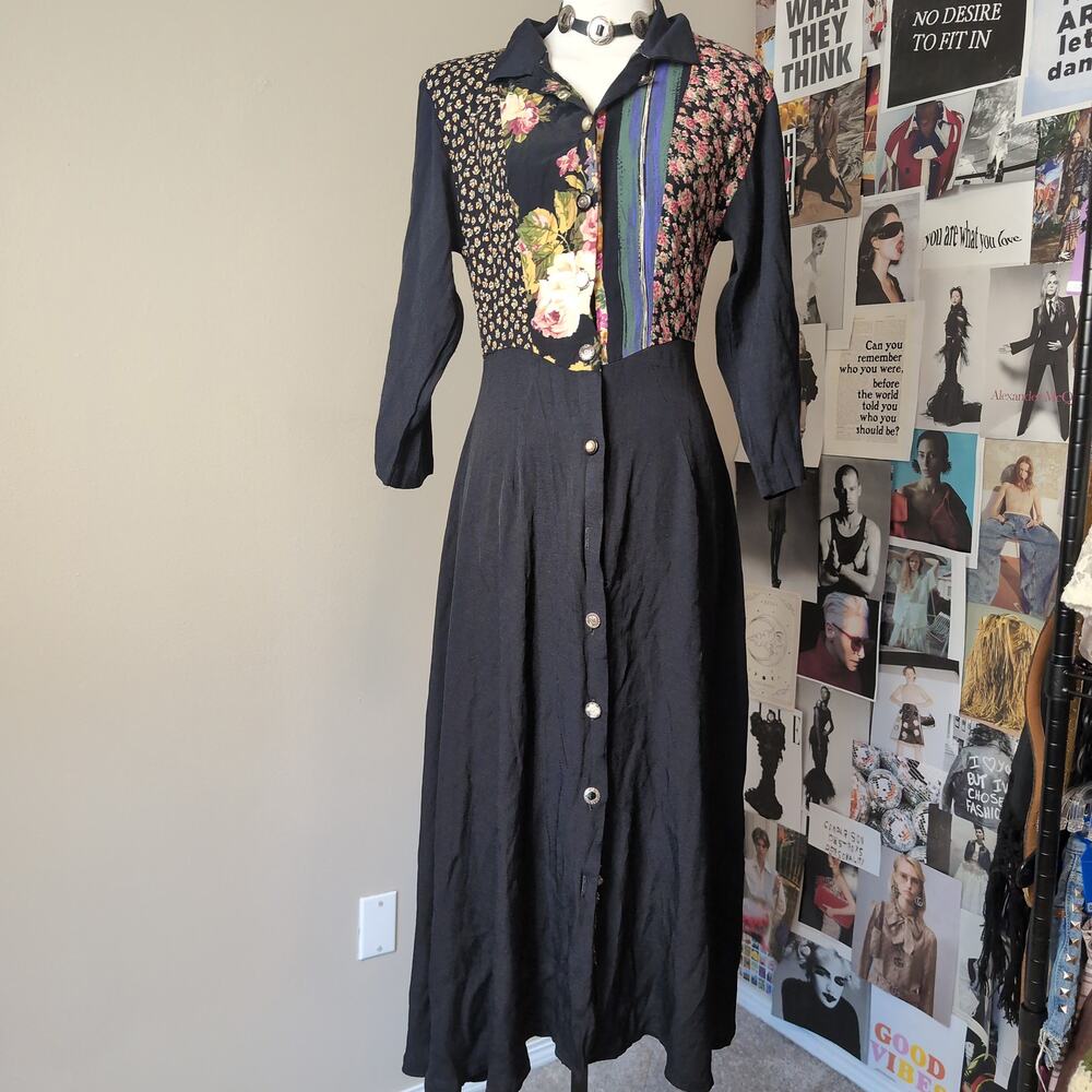 Floral Patchwork Button Front Midi Vintage Dress